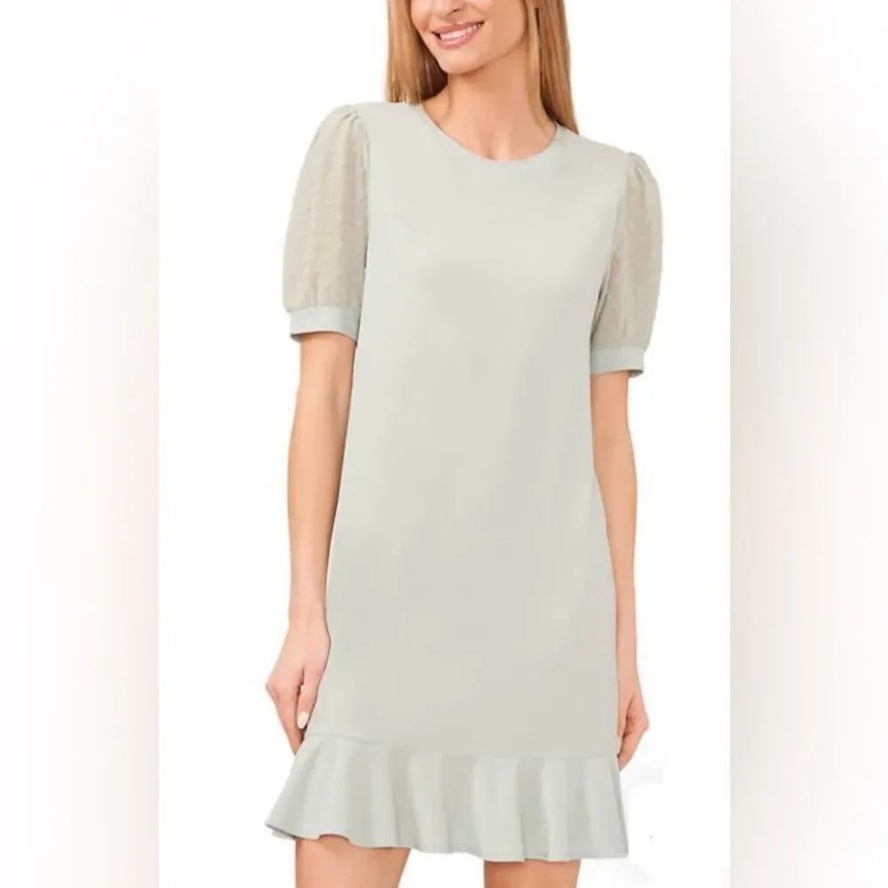 New CeCe Light Sage Crew Neck ShortâPuff Sleeve Dress with Flounce Seam L